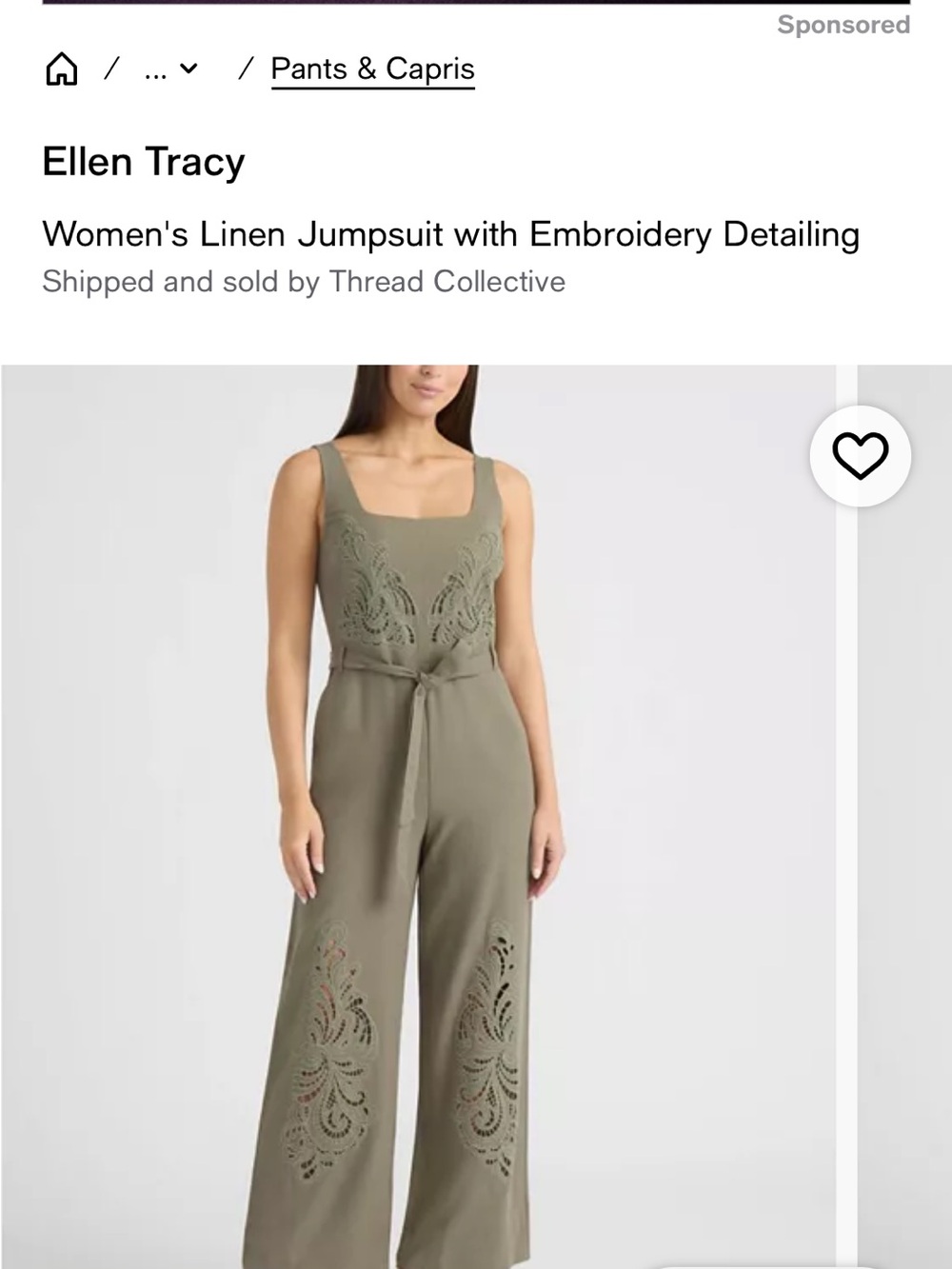 Ellen Tracy Olive Green Sleeveless Linen Jumpsuit